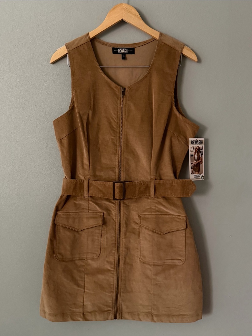 Rewash NWT Corduroy Utility Dress Belted Zip Front Pocketed Size L - Picture 2 of 9